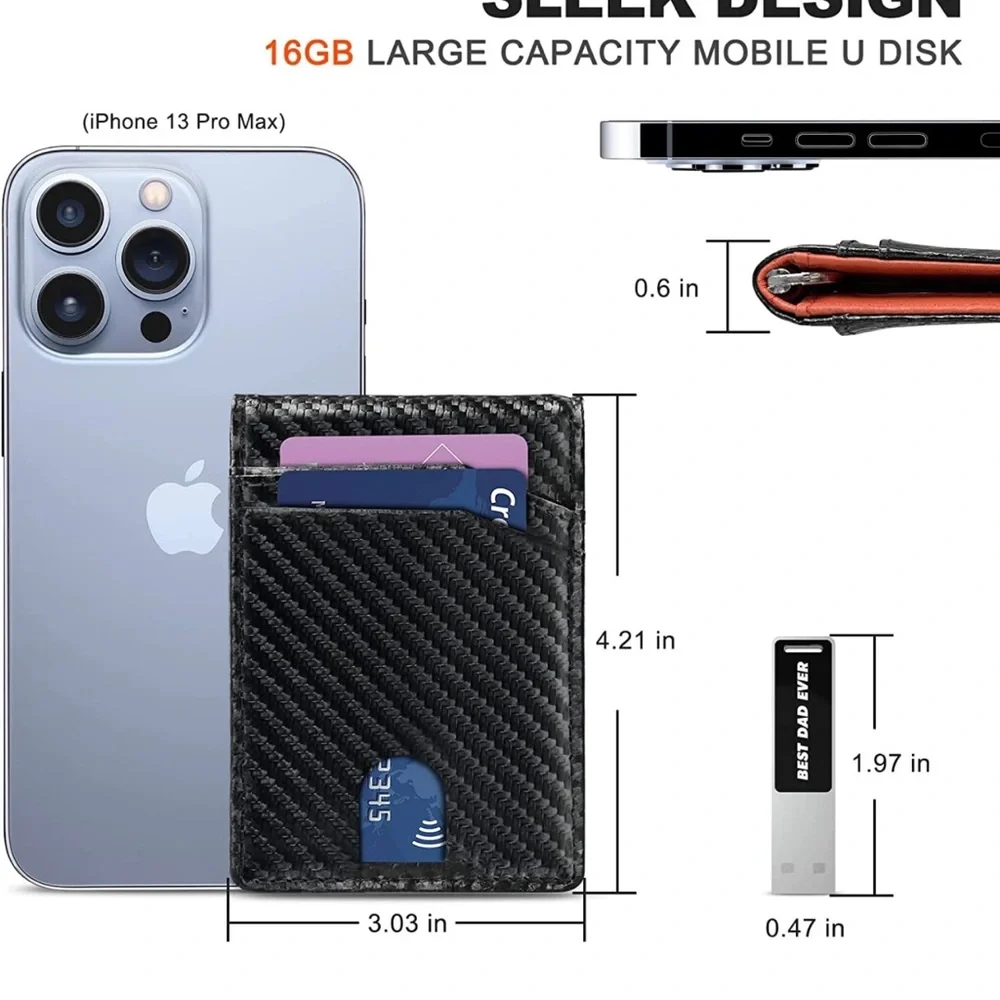 Men’s Bifold Minimalist Wallet 11 Card Capacity with bonus USB Thumb Drive